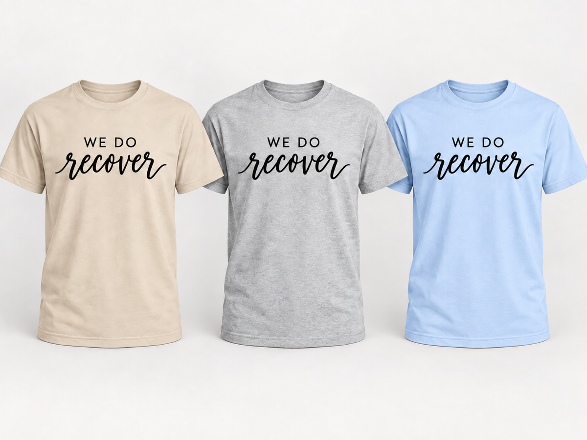 We Do Recover fundraiser tee color options in Sand, Sport Grey, and Light Blue