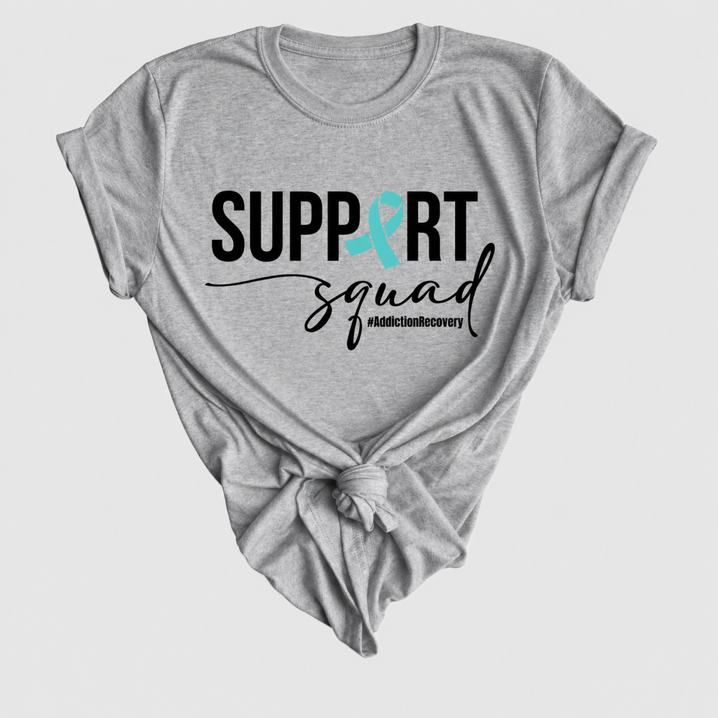 Support Squad Addiction Recovery fundraiser tee in Sport Grey knotted mockup
