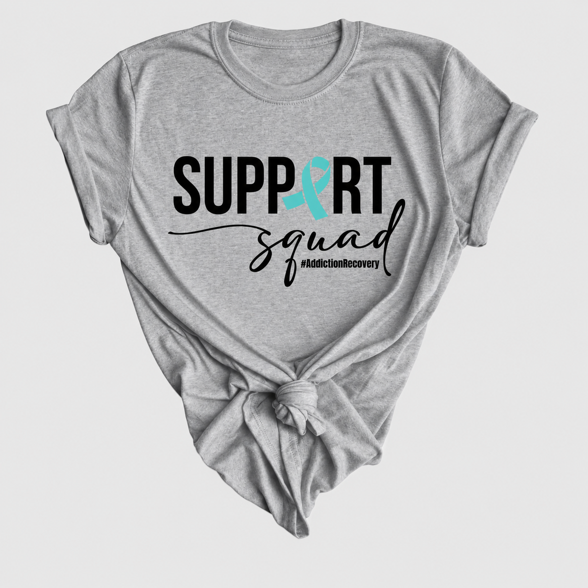 Support Squad Addiction Recovery fundraiser tee in Sport Grey knotted mockup