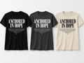 Anchored in Hope fundraiser tee in Black, Charcoal, and Sand