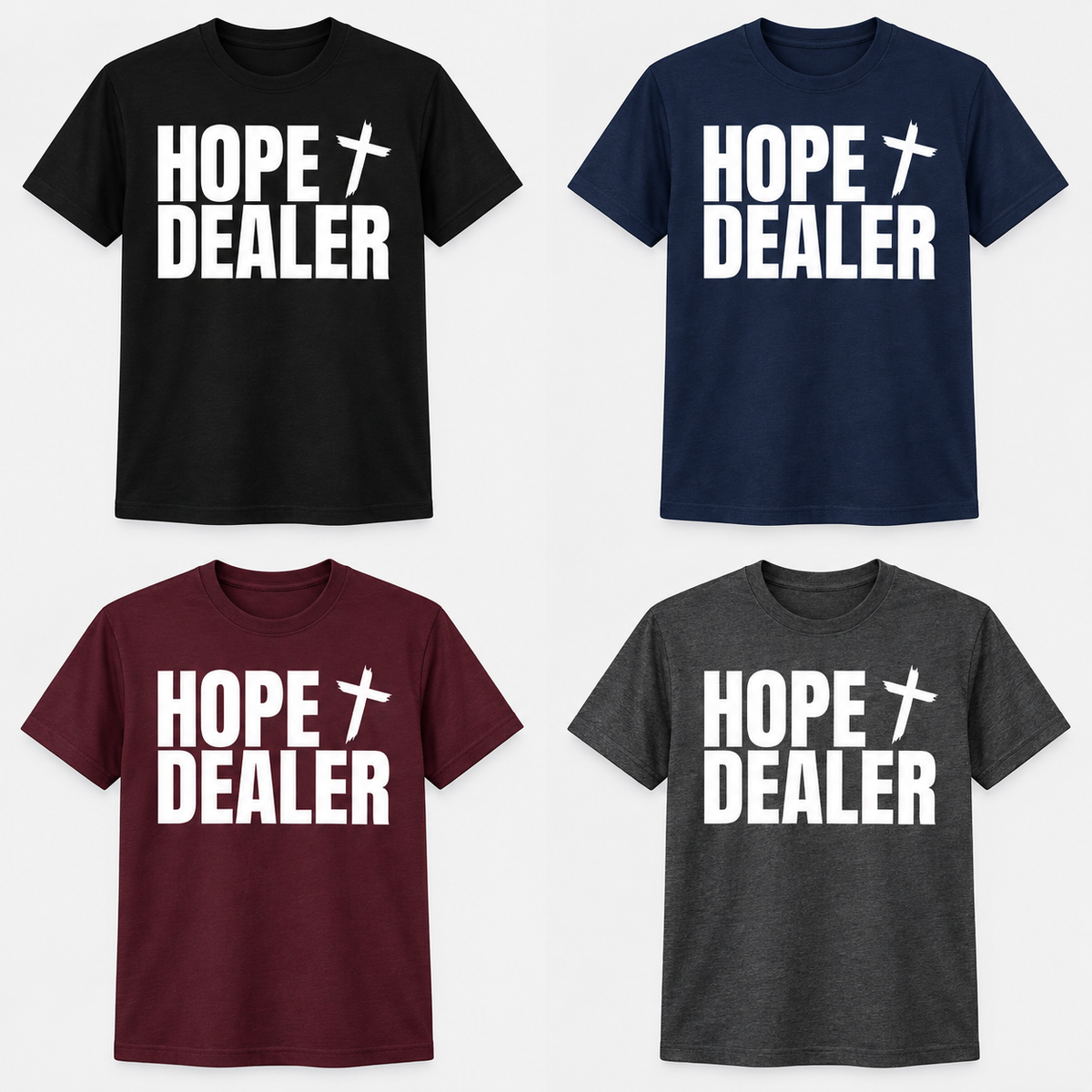 Hope Dealer fundraiser tee in Black, Navy, Maroon, and Dark Heather