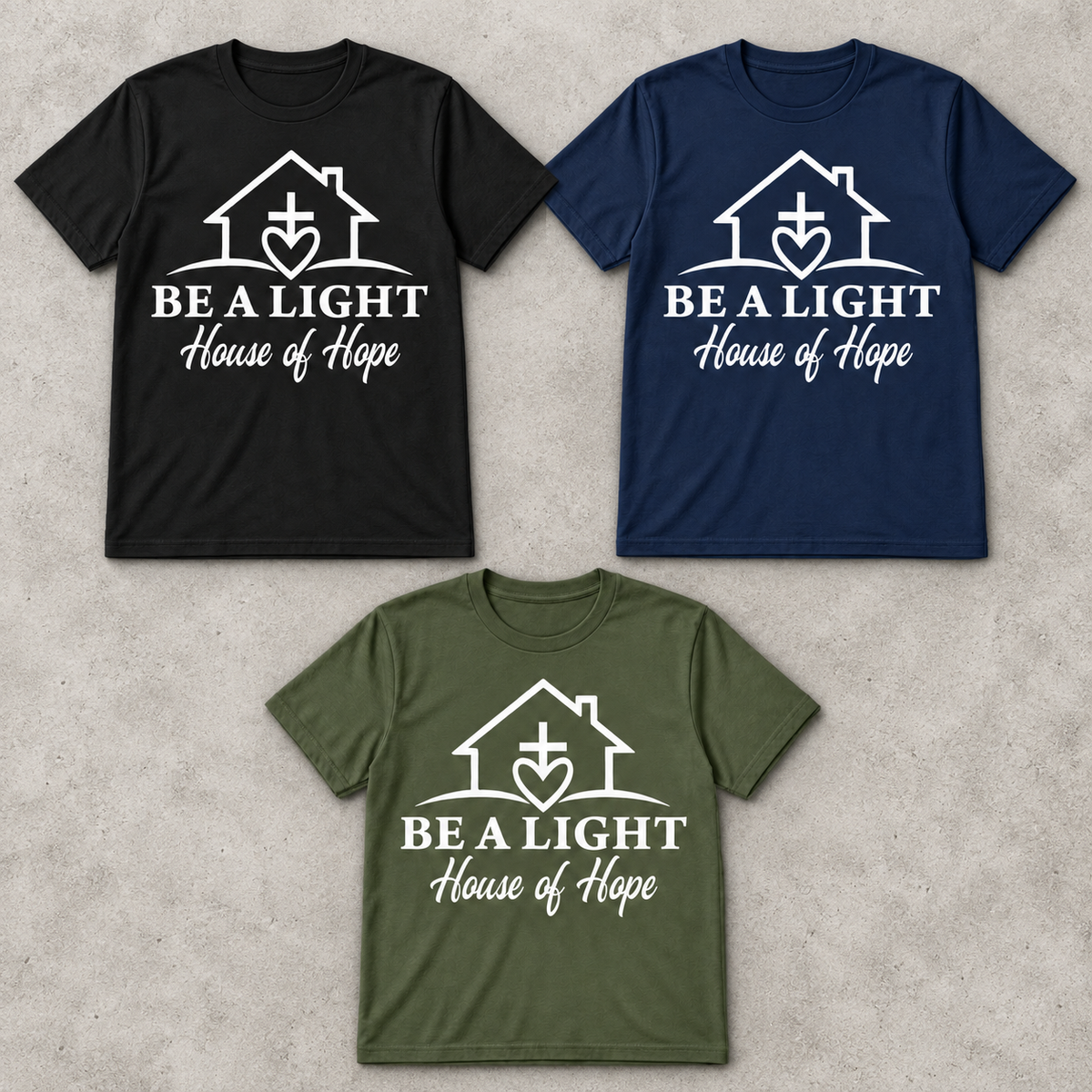House of Hope adult fundraiser tee in black, navy, and military green