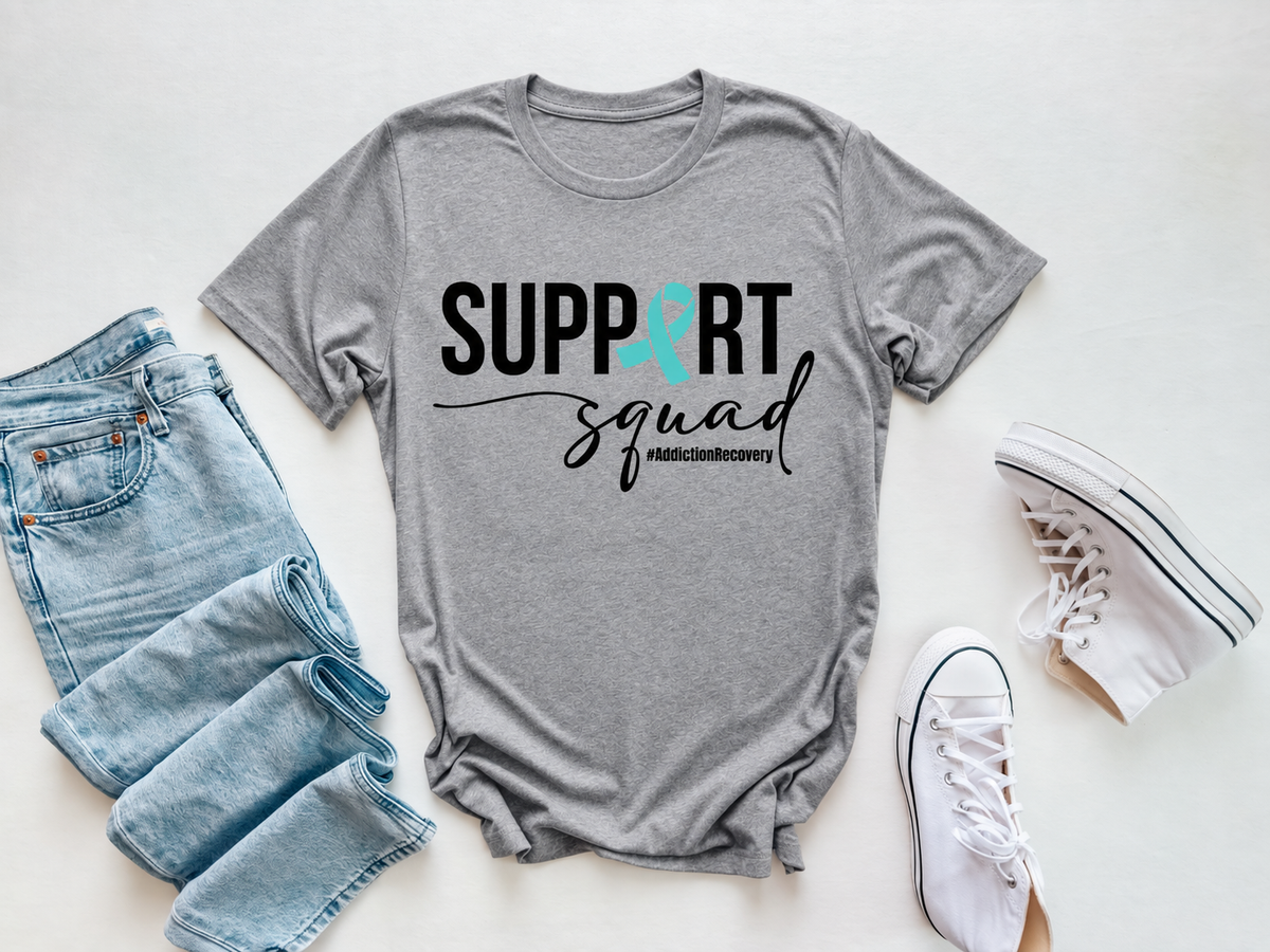Support Squad Addiction Recovery fundraiser tee in Sport Grey flat lay